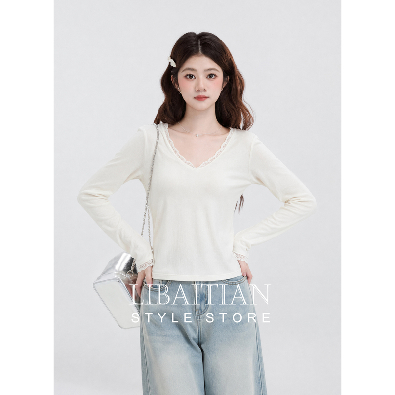 Korean-Style White Lace-Trimmed Design, Super Stylish, Slimming, Versatile Long-Sleeve T-Shirt for Women, New Autumn 2026 Top Korean-Style White Lace-Trimmed Design, Super Stylish, Slimming, Versatile Long-Sleeve T-Shirt for Women, New Autumn 2026 Top