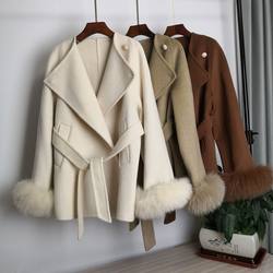 81889 ເສື້ອຄຸມ cashmere double-sided ສໍາລັບແມ່ຍິງລະດູຫນາວແບບໃຫມ່ mid-length belted waist cuffs fox fur woolen coat