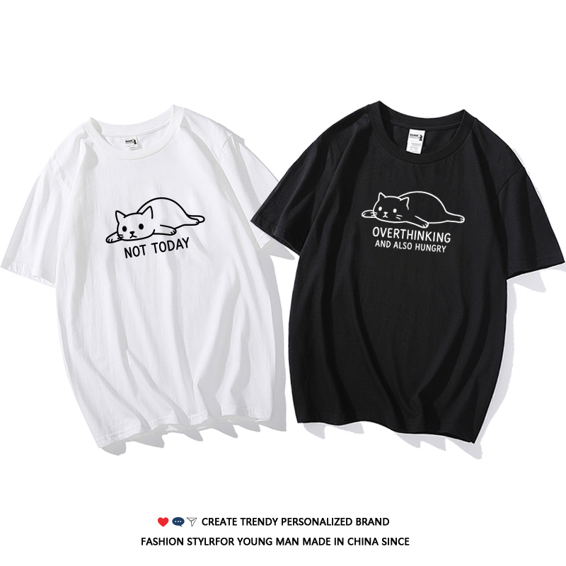 Nottoday Cat Short-Sleeved Cat Illustration T-Shirt, Lazy Style, Unisex Couple's Top, Pure Cotton, Loose Half-Sleeve
