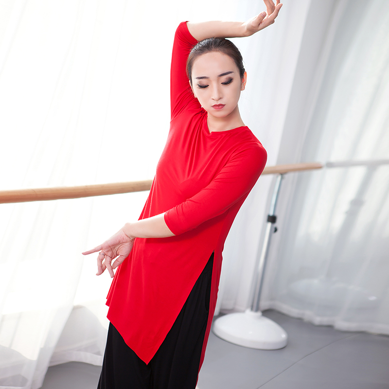 Dance rehearsal Costume Women Modern Dance Loose Modale Round Collar Side Open Fork Body Yoga Square Dance Play Out