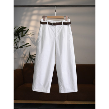 ມີສາຍແອວ ~ textured twill cotton loose mid-high waist wide leg scimitar nine-point pants w2155