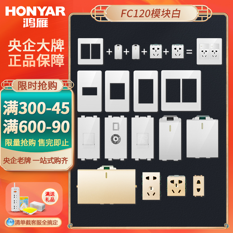 Hongyan 120 type switch socket wall panel household five-hole eye 10 ten-hole socket module 5-hole 2-hole three-open