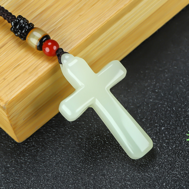 Xinjiang Hetian White Jade Cross Pendant, Jade Peace Amulet, Green and White Jade Pendant, Necklace Pendant, Keychain Pendant