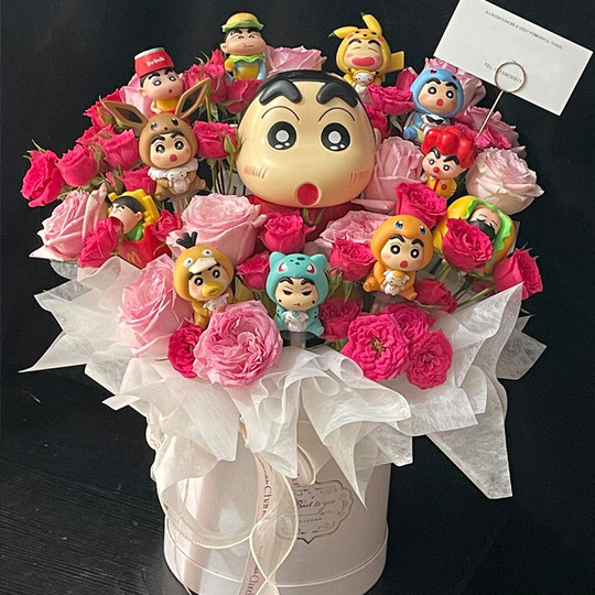 可爱蜡笔小新玩偶抱抱桶公仔卡通花成品仿真花创意生日情人节礼物