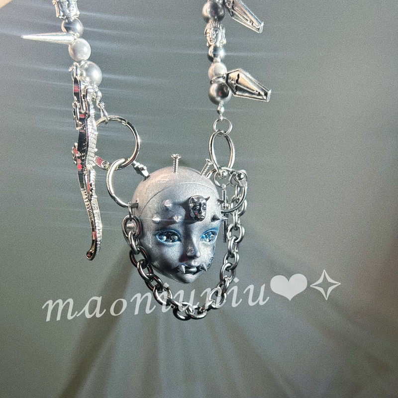 【Mao Niuniu】Original Silver Futuristic Punk Mechanical Style Buddha Head Light Bulb Beaded Snake Necklace 【Mao Niuniu】Original Silver Futuristic Punk Mechanical Style Buddha Head Light Bulb Beaded Snake Necklace
