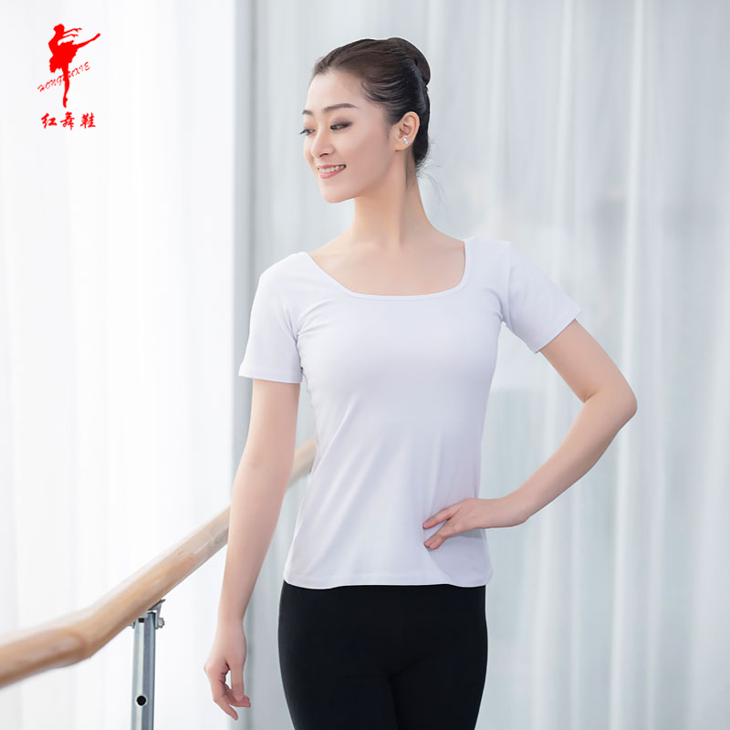 Red dance shoes, dance clothes, short-sleeved short-sleeved adult thin cotton square collar dance clothes, body-slim dance clothes