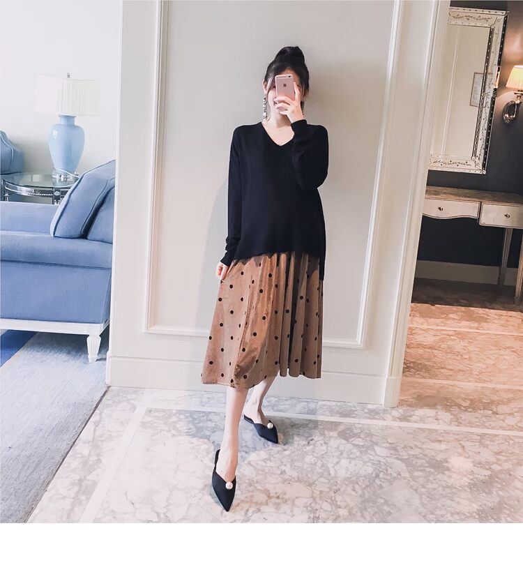 Trang phục bà bầu 2018 mùa thu mới Hàn Quốc chấm bi nhung vàng điều chỉnh Một phiên bản thời trang mẹ bầu hot mẹ hot đầm bầu giá rẻ