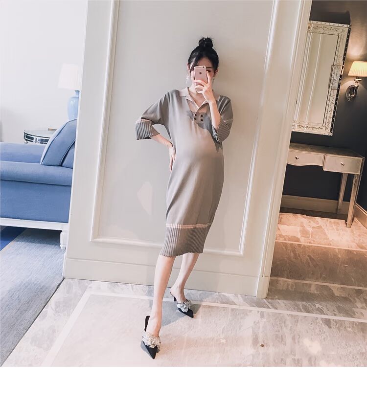 Trang phục bà bầu 2018 mùa thu mới Hàn Quốc của cổ áo màu dệt kim thời trang đơn giản mang bầu cho bà bầu dài thời trang váy áo bà bầu