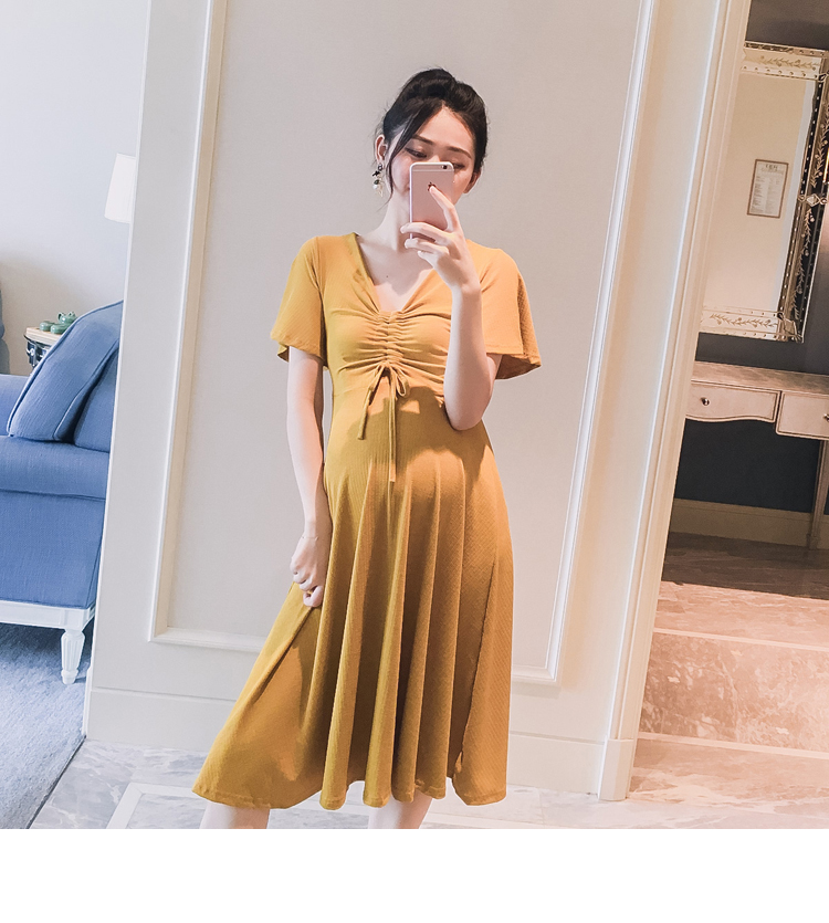 Thai sản mặc 2018 mùa hè phong cách mới neckline V-Cổ eo đàn hồi phụ nữ mỏng mang thai dài ăn mặc triều áo bầu đẹp