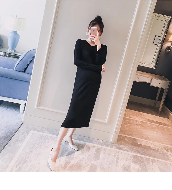 Trang phục bà bầu 2018 mùa thu mới phiên bản Hàn Quốc của áo liền thân V-cổ lệch nịt co giãn thời trang bà bầu mặc áo dài
