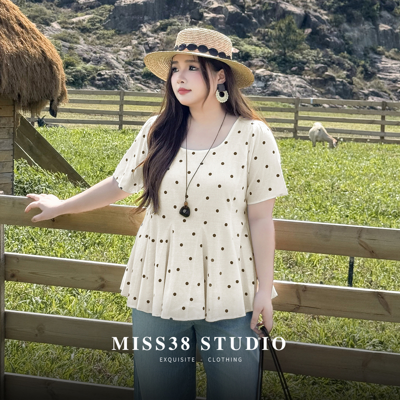 Plus Size Women's Clothing [Pastoral Polka Dot Babydoll Shirt] Summer Square-Neck Elegant Waist-Cinching Ruffled Short-Sleeve Shirt for Chubby Girls