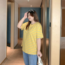 5-color retro round neck striped short-sleeved T-shirt womens 2022 summer new large size fat mm loose and thin contrast color top
