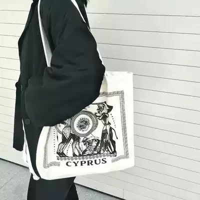 Retro niche Greek alphabet illustration canvas bag Korean version of Joker shoulder male and female student schoolbag tote bag ins