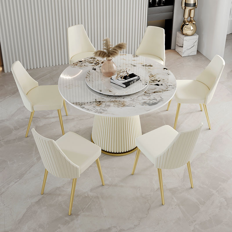 Modern minimalist light extravagant high-end bright light rock plate round table home small family dining table chair combined Pandora