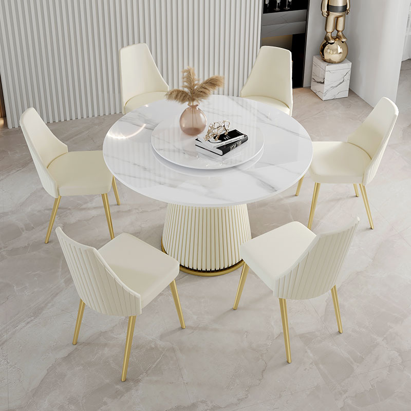 Modern minimalist light and luxurious high-end bright light rock plate round table home small family type rock plate dining table and chairs combined round
