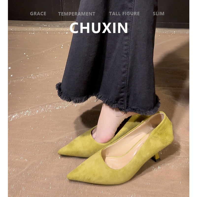 First Choice~ Green High-Heeled Shoes for Women, Thin Heels, Shallow Mouth, Niche Style, Comfortable Casual Shoes, Low Heel, Suede, Non-Tiring, Easy on the Feet