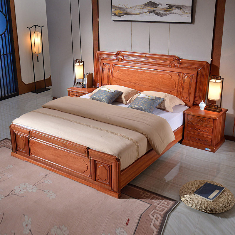Flowers Pear Wood Solid Wood Bed 1 8 m Double Red Wood Bed Main Bed Modern New Chinese Master Bedroom Vintage Red Wood Furniture