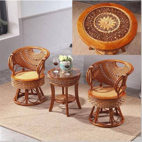 Balcony rattan chair tea table Three sets of natural bamboo rattan knitted small teng chair can swivel home tea room small table and chairs kit