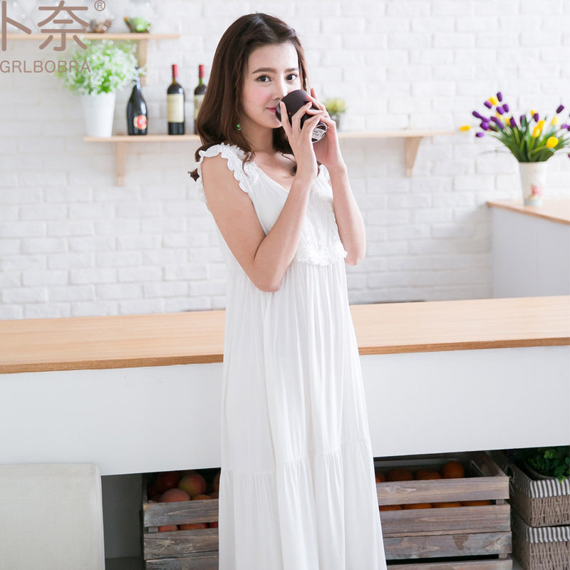 韩版公主带胸垫莫代尔纯棉睡裙女夏连衣裙无袖中长款睡衣孕妇长裙