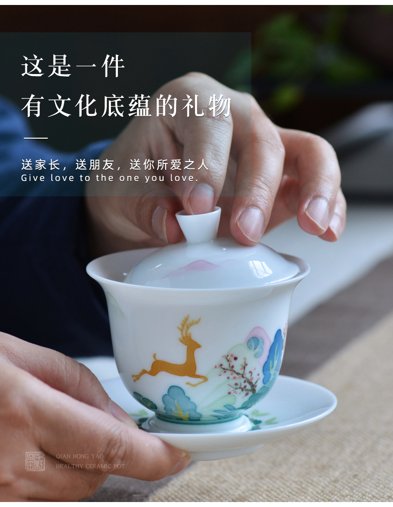 Thousand red up pure hand draw three only tureen heat - resistant single ceramic cups kung fu tea set household thin white porcelain tea bowl