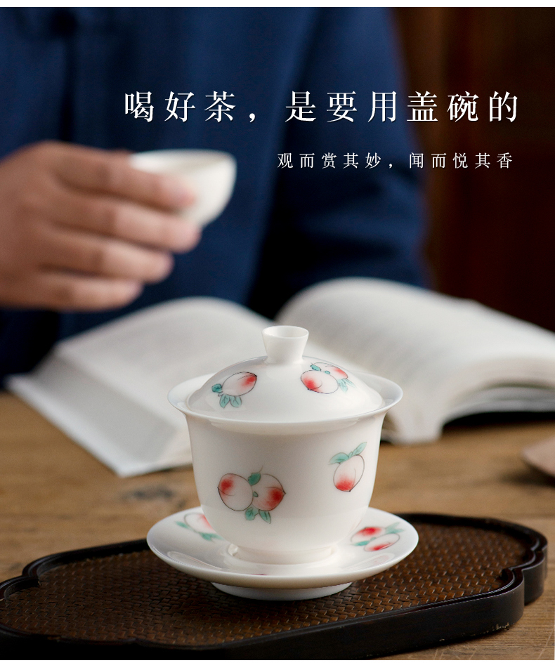 Thousands of red white porcelain up tureen pure hand draw three cups to cover cup single household large hot kung fu tea set