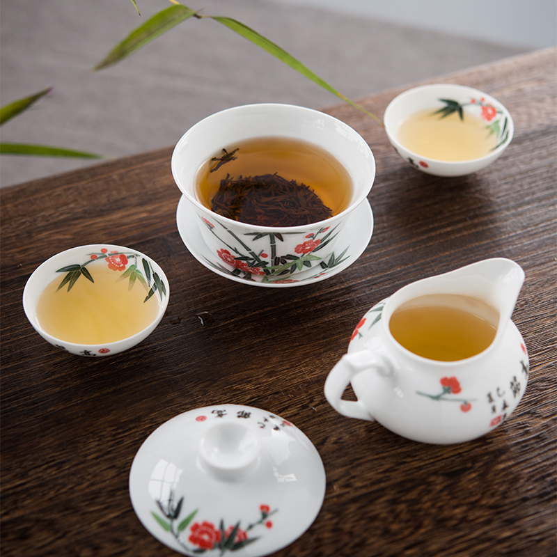 Next thousand red up with glaze color kung fu tea set home six small set of simple ceramic hand - made the name plum and the bamboo tureen tea cups