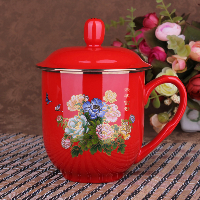 Chinese red porcelain liling porcelain red thousand red up ceramic cups with cover ipads China office cup custom gifts cups