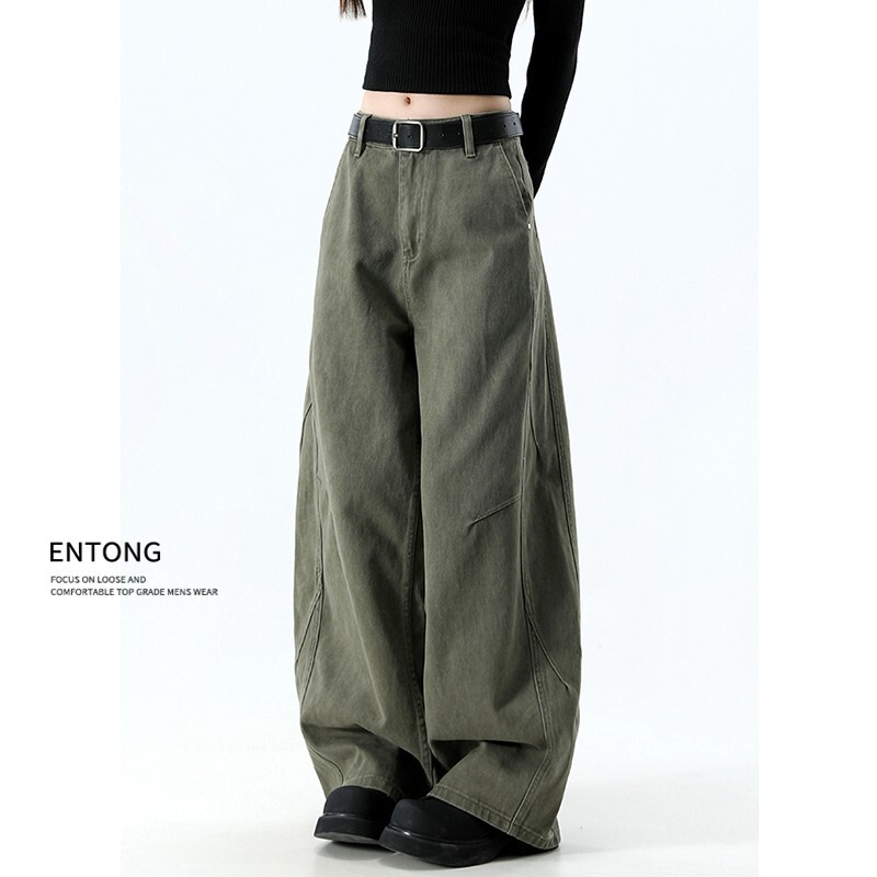 Entong American Retro Military Green Wide-Leg Jeans for Men and Women, Autumn Couple Design, Diagonal Cut Work Pants
