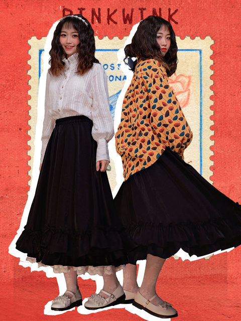 PINKWINK Little Star Night Original Spring Ruffled A-line Skirt Retro Hepburn Style Black Skirt Female Long Skirt