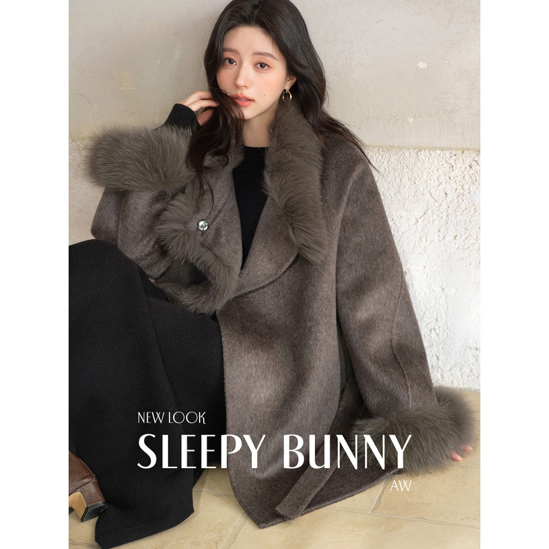 Sleepybunny Fox Fur Collar Double-Sided Woolen Coat for Women Winter Warm Gray Camel Woolen Coat