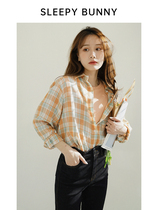 Sleeping rabbit spring orange leisure hipster thin cotton gentle wind plaid shirt women early spring port flavor loose shirt