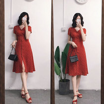  Hepburn style red French Bellflower skirt v-neck retro high waist a-line Chiffon polka dot dress female summer coffee break skirt