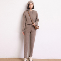 Autumn and winter pure cashmere wide-leg pants womens outer wear drape loose high-waist knitted casual straight pit strips thin trousers