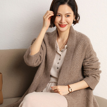 Heavyweight thickened cashmere cardigan womens 100% cashmere solid color knitted sweater V-neck mid-length coat winter new style