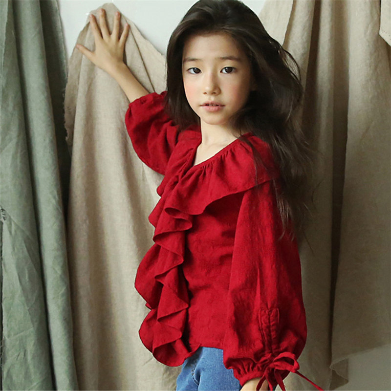 Girl Spring Clothing blouses Tennis Red Ocean Dress CUHK Boy Lotus Leaf Side Pure Cotton Long Sleeve Doll Shirt Princess Wind Shirt