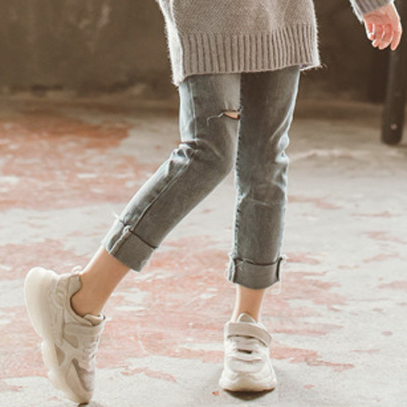 Girl's Korean version casual pants 2022 Spring autumn personality Breaking Holes 90% jeans CUHK Scout pants Long pants