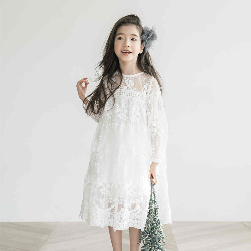 South Korean children's clothing 2022 Spring and autumn CUHK girl foreign pie sweet beauty lace dress girl white princess dress gown