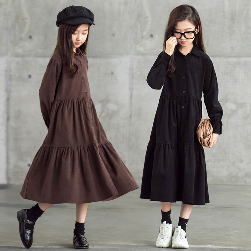 Girls dress long 2021 spring new item forest department children corduroy lapel long-sleeved cake skirt tide