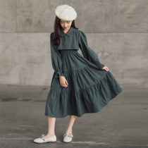 Girls fake two-piece dress early autumn new middle and large childrens tea break large swing over the knee long skirt waist thin cake skirt