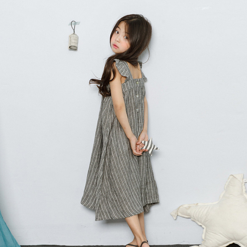 Summer Clothing Girl Striped Dew Back Harness Foreign Dress CUHK Child Loose Lotus Leaf Side Flying Sleeve Beach Skirt Child Long Dress