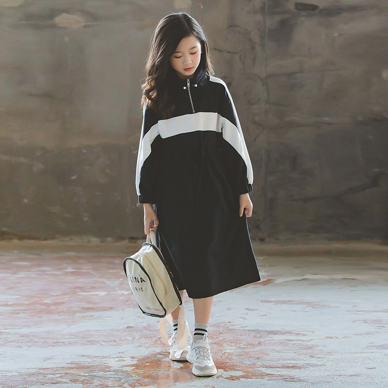 Girl's thick T-shirt dress 2022 Spring fall net red female Baby Ocean Casual Collision color splicing Fashion Changdresses Princess