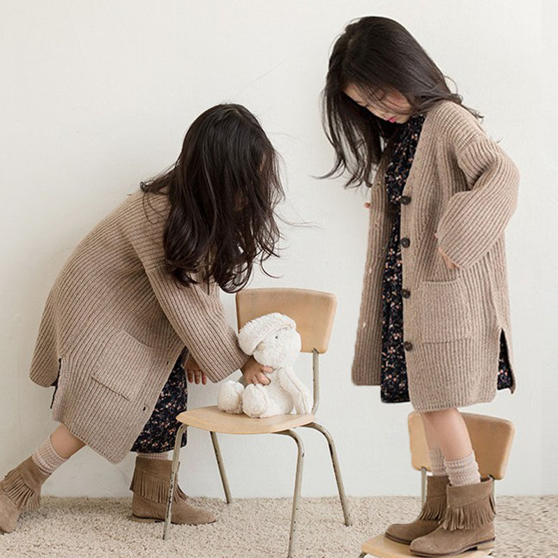 Girls long knit sweater 2022 Fall and Winter Oak Han Gas V - collar coat coat coat coat coat coat