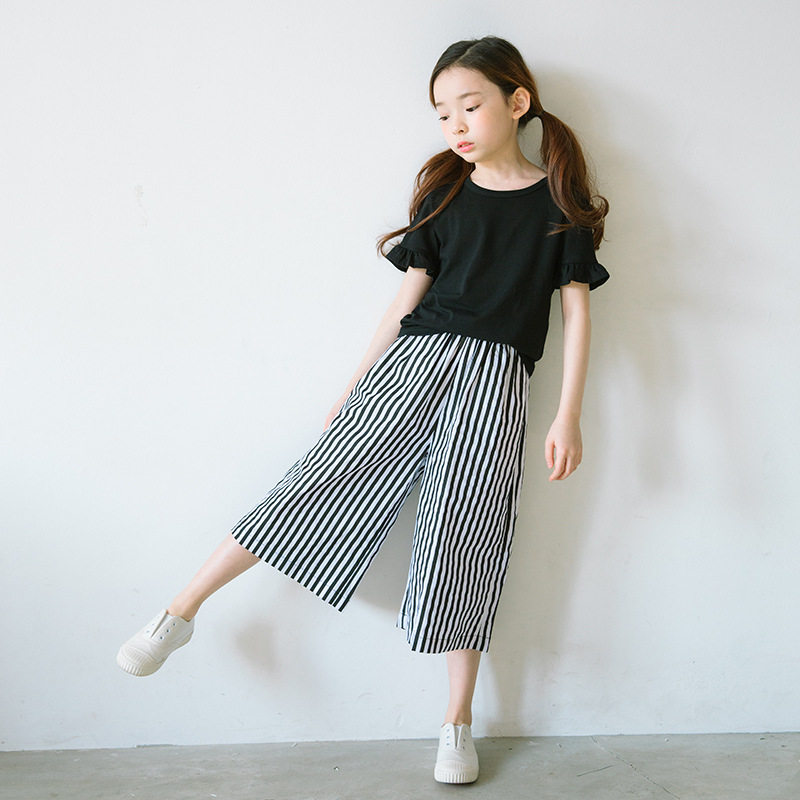 Girls pure cotton straight pants stripes 2023 gas big boy spring and autumn broad legs children baby casual pants