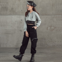 Medium and large childrens trend overalls 2021 autumn girls straight wide-leg drawstring pants Medium and large childrens closed multi-bag trousers