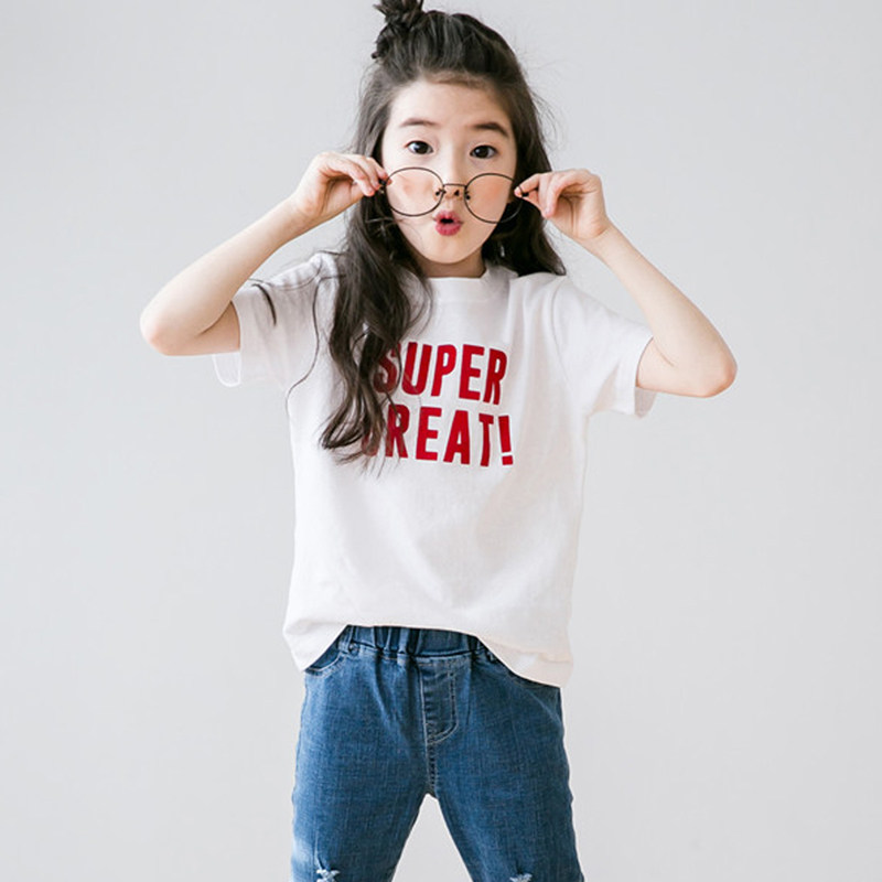 Girl Pure Cotton Short Sleeve T-shirt Foreign Pie Summer white printed word undershirt baby Korean version CUHK Tong 100 lap blouse