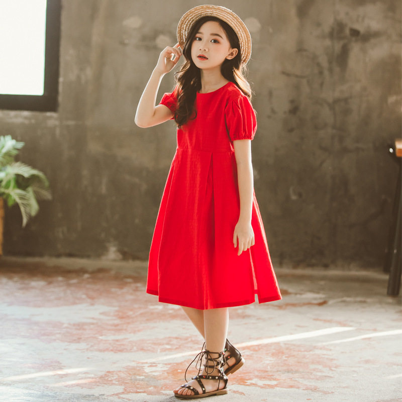 2021 Red Summer Girls mid-sized children round neck lantern sleeve cotton casual split short sleeve dress