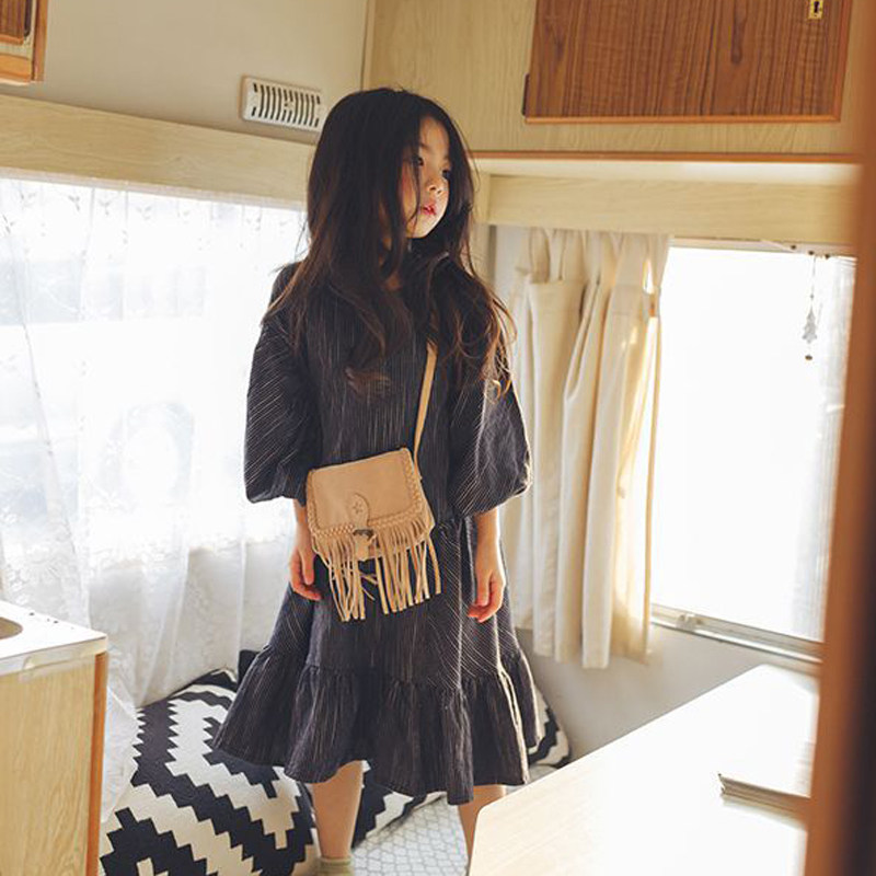 Girl Cotton Linen Long Sleeve Foreign Dress Spring Fall Han Edition Personality Lantern Cuff Princess Dress CUHK Child Striped long dress