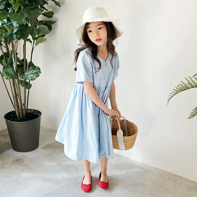 Children's Han version Summer style Short sleeves V collar Single dress Girl Foreign Dress Son Ensemble Literature Long Dress Inins pro
