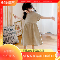 Senteo Korean version Summer girl dress with dress round collar minimalist short sleeves Loose Art Cotton Linen Baby Princess Dress