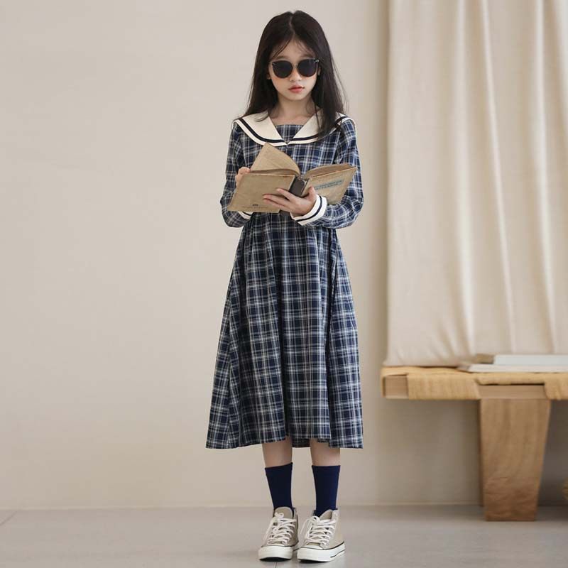 Girl Navy Collar JK Ocean Dress 2022 Springtime Elegant Plaid Vintage Temperament Long Sleeve Sweet College Wind Long Dress